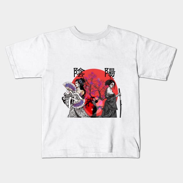 Geisha Girls Yin And Yang Kids T-Shirt by laurelsart2014